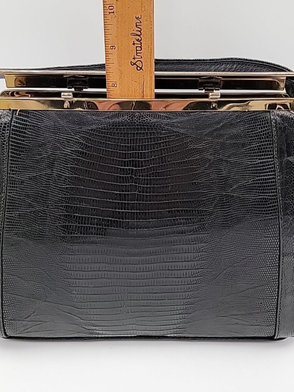 Vintage Sterling USA Black Genuine Lizard Skin Handbag Mid Century Frame Purse - Picture 5 of 16